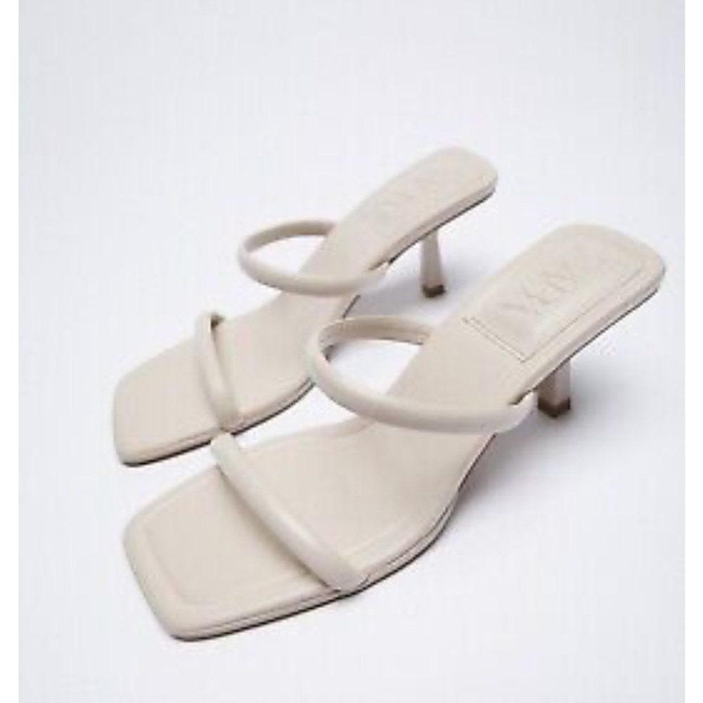 NWOT Zara Woman Strappy Heeled Leather Sandals Ice White 2302/810 Sz 9